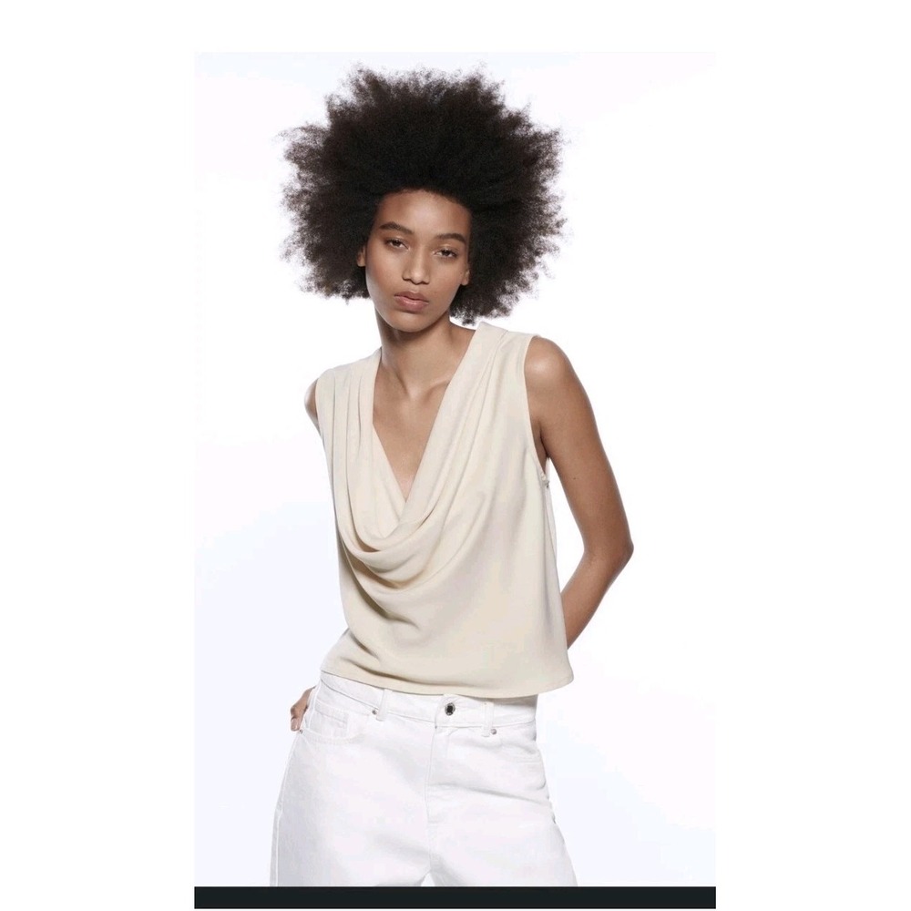 ZARA cowl neck sleeveless draped flowy cropped blouse top XS White